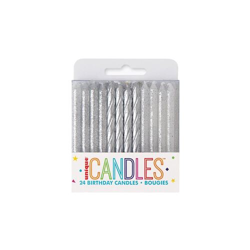 Silver Glitter Assorted Spiral Candles 24 Pack