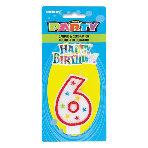Number Candle With Happy Birthday Cake Topper - 6