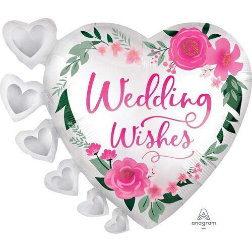 SuperShape XL Satin Wedding Wishes Flowers & Hearts Foil Balloon