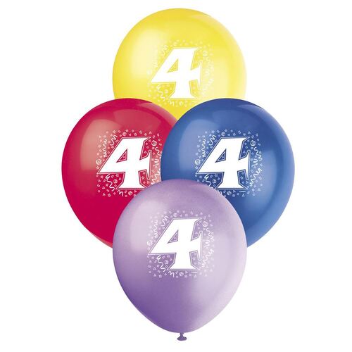 30cm No 4 - Assorted Colours Printed Balloons 6 Pack
