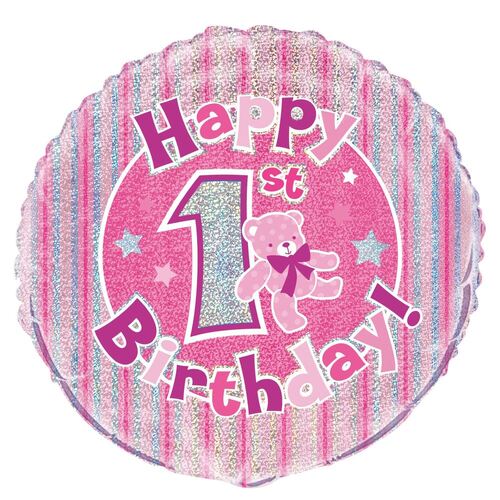 45cm 1st Birthday - Pink Foil Prismatic Balloons Packaged