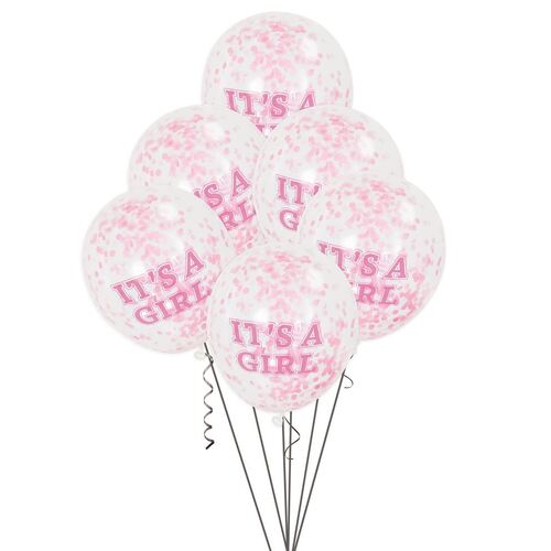30cm It's A Girl Clear Balloons With Pink Confetti 6 Pack
