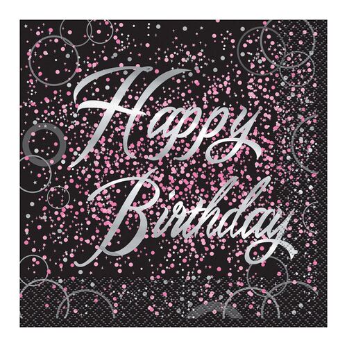 Glitz Pink Foil Stamped Happy Birthday Luncheon Napkins 2ply 16 Pack