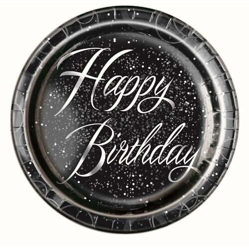 Glitz Silver Happy Birthday Foil Stamped Paper Plates 23cm 8 Pack