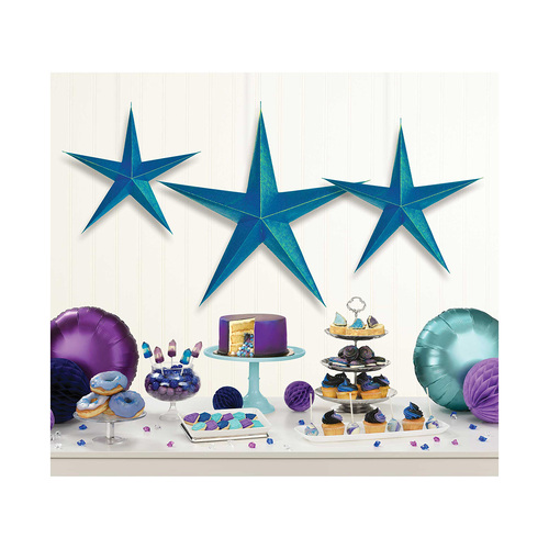 Sparkling Sapphire Hanging 3D Stars Decorations 3 Pack