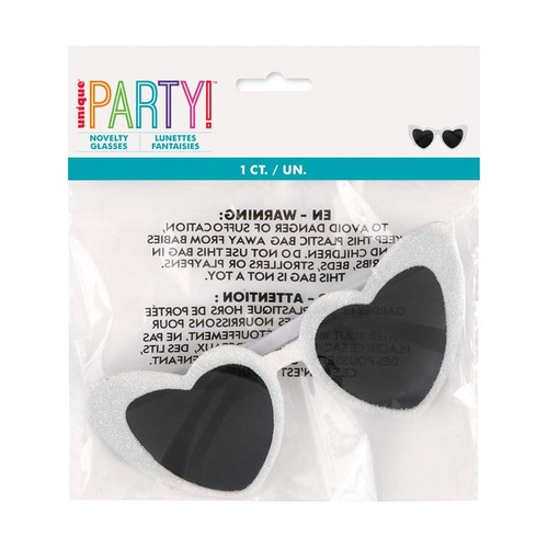 Heart Shaped Novelty Glasses - White With Iridescent Glitter