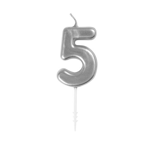 Mini Silver Numeral Pick Candles Number 5