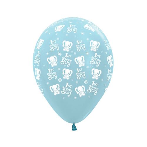 30cm Sempertex 1st Birthday Boy Elephants Satin Pearl Blue Latex Balloons 6 Pack