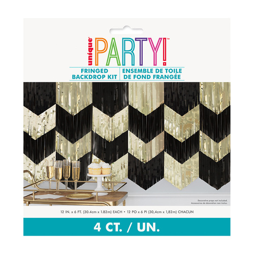 Scallop Fringed Backdrop Kit Black & Gold Foil Fringes 4 Pack