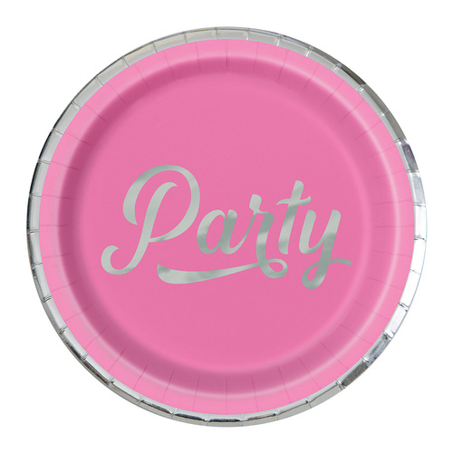 Pink "Party" Silver & Bright Foil Stamped Paper Plates 23cm 8 Pack