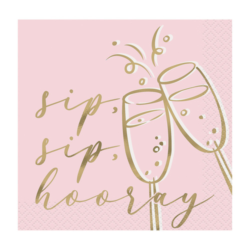 Bachelorette "Sip Sip Hooray" Foil Stamped Beverage Napkins 2ply 25cm X 25cm 16 Pack