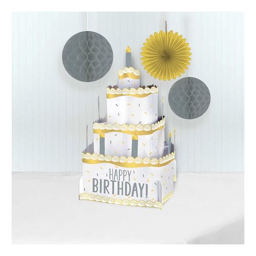 Happy Birthday Pop Up Cake Centrepiece Decoration Silver & Gold