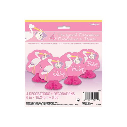 Baby Girl Stork Mini Honeycomb Decorations 4 Pack