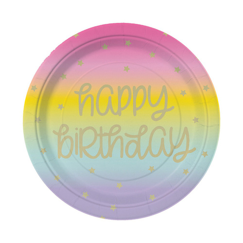 Rainbow Star Happy Birthday Foil Stamped Paper 23cm 8 Pack