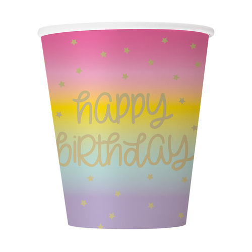 Rainbow Star Happy Birthday Foil Stamped Paper Cups 270ml 8 Pack