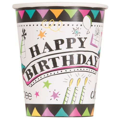Doodle Birthday Paper Cups 8 Pack 270ml