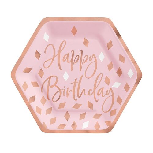 Blush Birthday Hexagonal Metallic Paper Plates 17cm 8 Pack