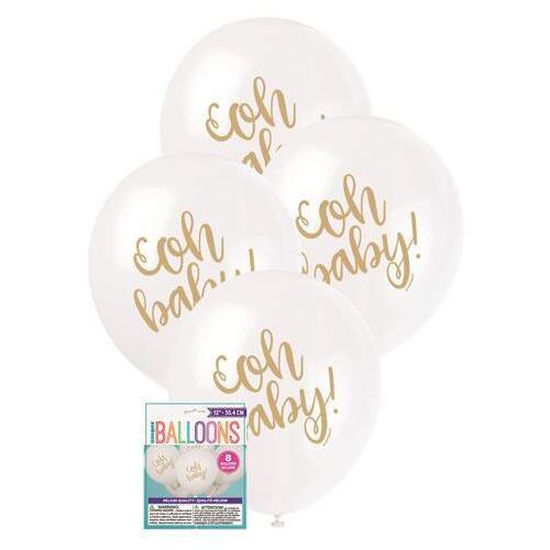 30cm Oh Baby White Printed Balloons 8 Pack