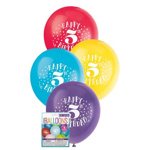 30cm Printed Balloon - 5th Happy Birthday Printed Balloons 8 Pack