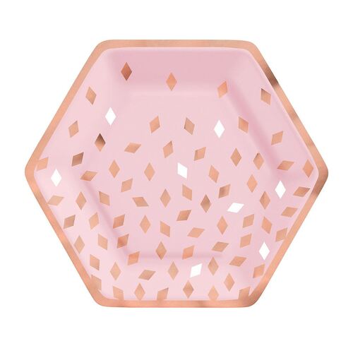 Blush Birthday Hexagonal Metallic Paper Plates 23cm 8 Pack