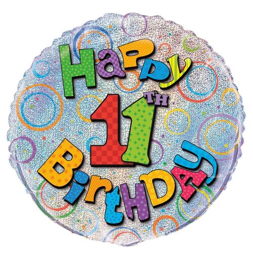 45cm 11th Birthday Foil Prismatic Balloons Packaged