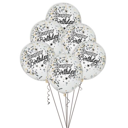 30cm Glittering Birthday Clear Balloons With Silver, Gold & Black Confetti 6 Pack