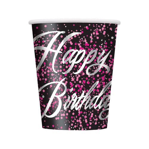 Glitz Pink Happy Birthday Foil stamped Paper Cups 8 Pack 270ml