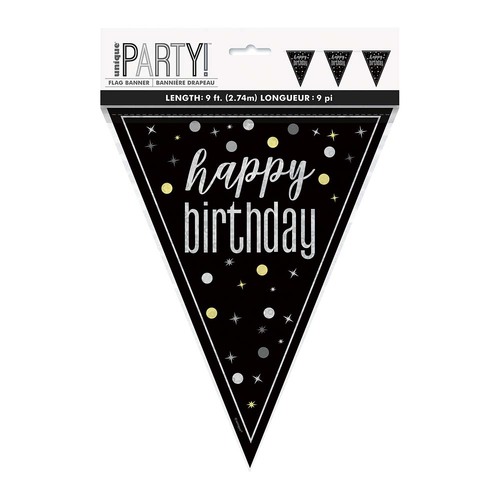 Happy Birthday Glitz Black Foil Flag Banner 2.74m