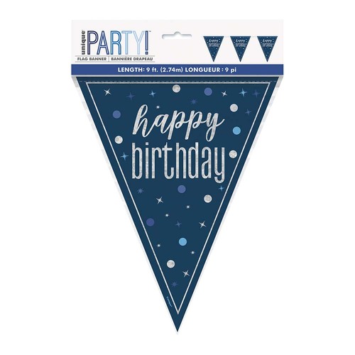 Happy Birthday Glitz Blue Foil Flag Banner 2.74m