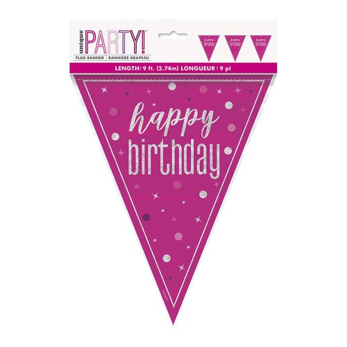 Happy Birthday Glitz Pink Foil Flag Banner 2.74m