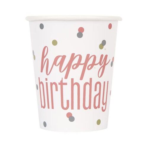 Rose Gold Happy Birthday Paper Cups 8 Pack 270ml