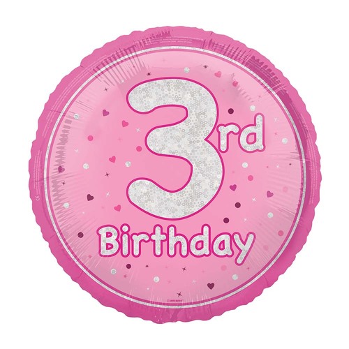 45cm Glitz Pink "3rd Birthday" Foil Prismatic Balloon Packaged
