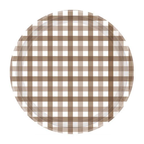 Gingham Paper Plate Teddy Brown NPC 23cm 8 Pack