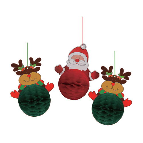 Santa & Reindeers Hanging Honeycomb Decorations 3 Pack