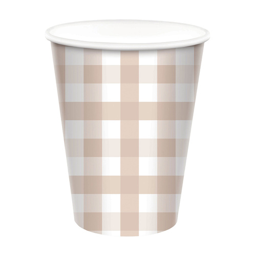 Gingham Paper Cup White Sand HC 266ml 8 Pack