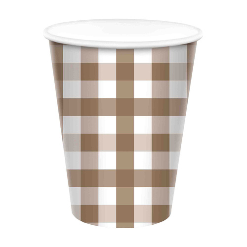 Gingham Paper Cup Teddy Brown HC 266ml 8 Pack