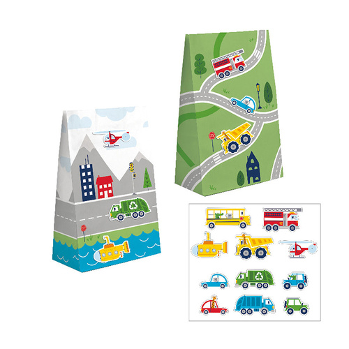 Transportation Time Paper Treat Bag with Stickers 8 Pack