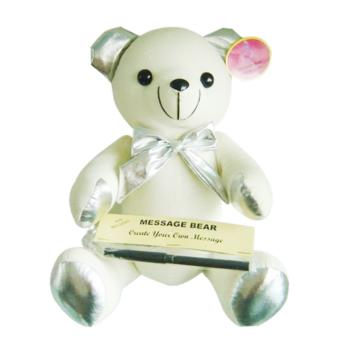 26cm Silver Message Bear with Bow and Signature Pen