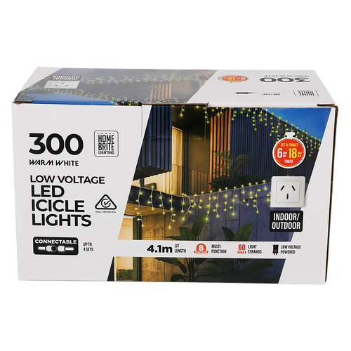 300 Warm White Low Voltage LED Icicle Lights - 4.1m Connectable