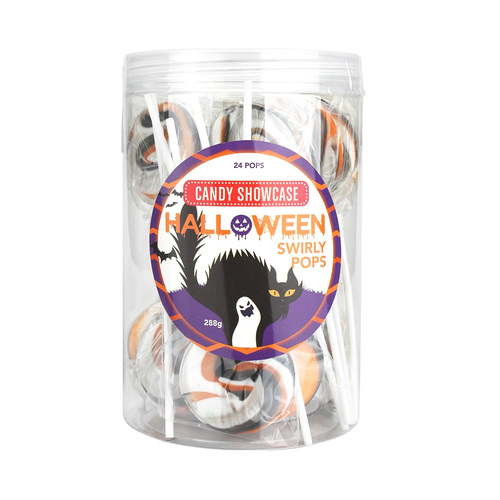 Halloween Swirly Pops - Tub of Black, Orange, and White Lollipops 288g 24 Pack