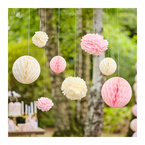 Princess Party Pom Pom & Honeycomb Hanging Tissue Party Decorations 8 Pack