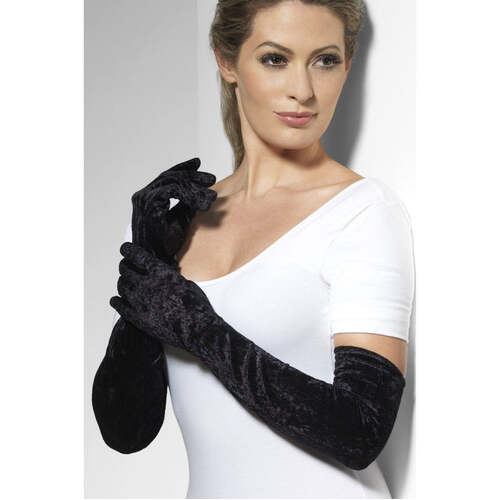 Long Black Velveteen Gloves