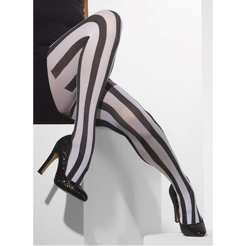 Vertical Black and White Striped Opaque Tights