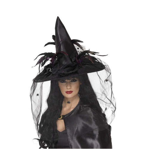 Witch Hat Feathers and Netting Black Deluxe
