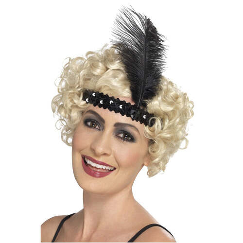 Black Flapper Headband with Feather