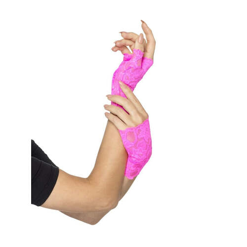 Neon Pink 80s Fingerless Lace Gloves