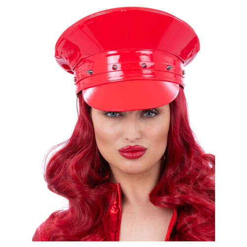 Fever Deluxe Red Wetlook Studded Captains Hat