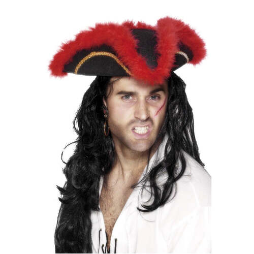 Red Pirate Tricorn Hat Feather