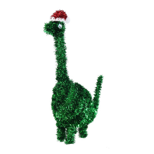 Santa Hat Dinosaur Christmas Decoration - Whimsical Green Tinsel Ornament