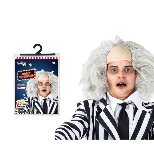 Beetlejuice-Inspired Crazy Scientist Wig - Wild White Grey Hair Wig for Halloween & Costume Parties